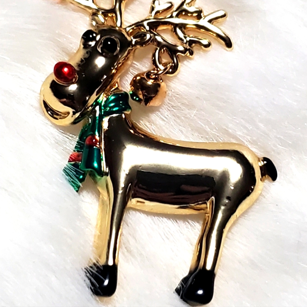 VTG AJC Reindeer Goldtone Green Red Enamel Charms Christmas 2.5" Brooch Pin